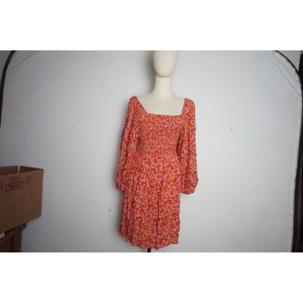 Billabong Womens Red Pink Floral Smocked Puff Sleeve Mini Dress Size XS